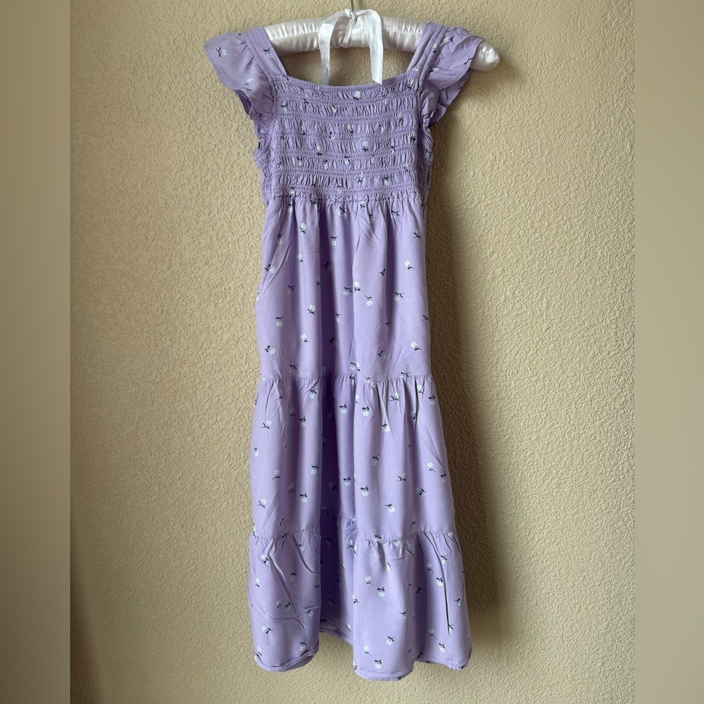 Cat & Jack Girls Purple Floral Dress | Size 8 | Tiered Midi | Flutter Sleeve